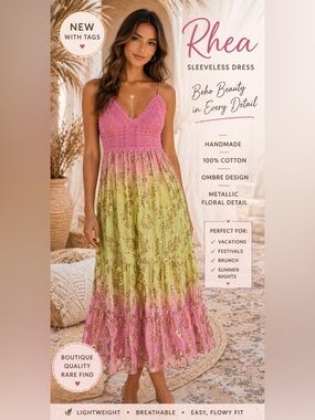 Rhea NWT Boho Ombre Metallic Sleeveless Dress Pink Green Gold Handmade S/M